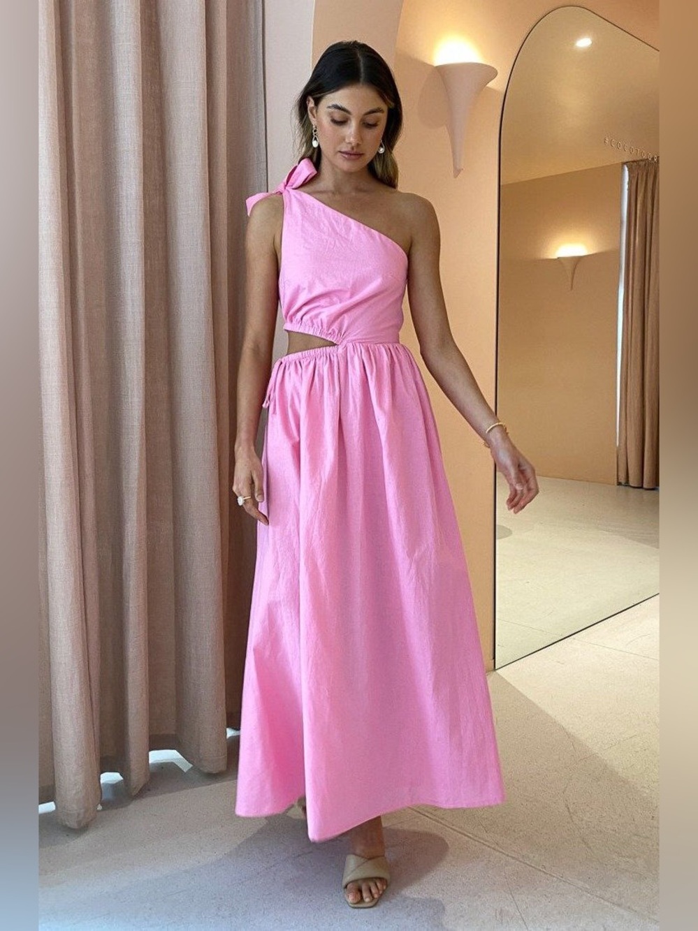 One-Shoulder Pink Maxi Dress with Side Cutout